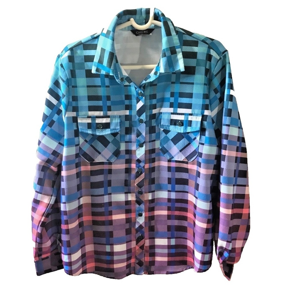 Chicme Plaid Button Down Shirt Blue Purple Gradient Size L